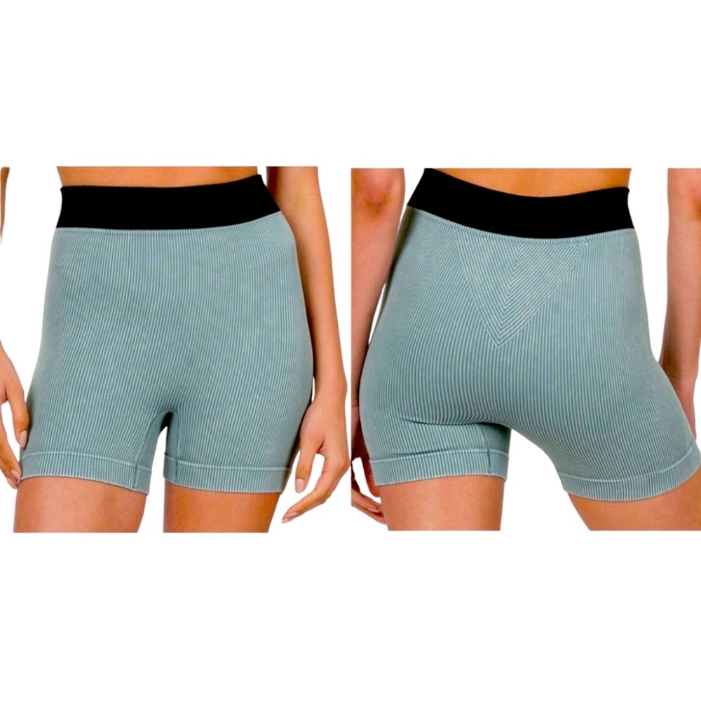 NEW Blue Grey Ribbed Washed Colored Seamless Bike Shorts Size L/XL